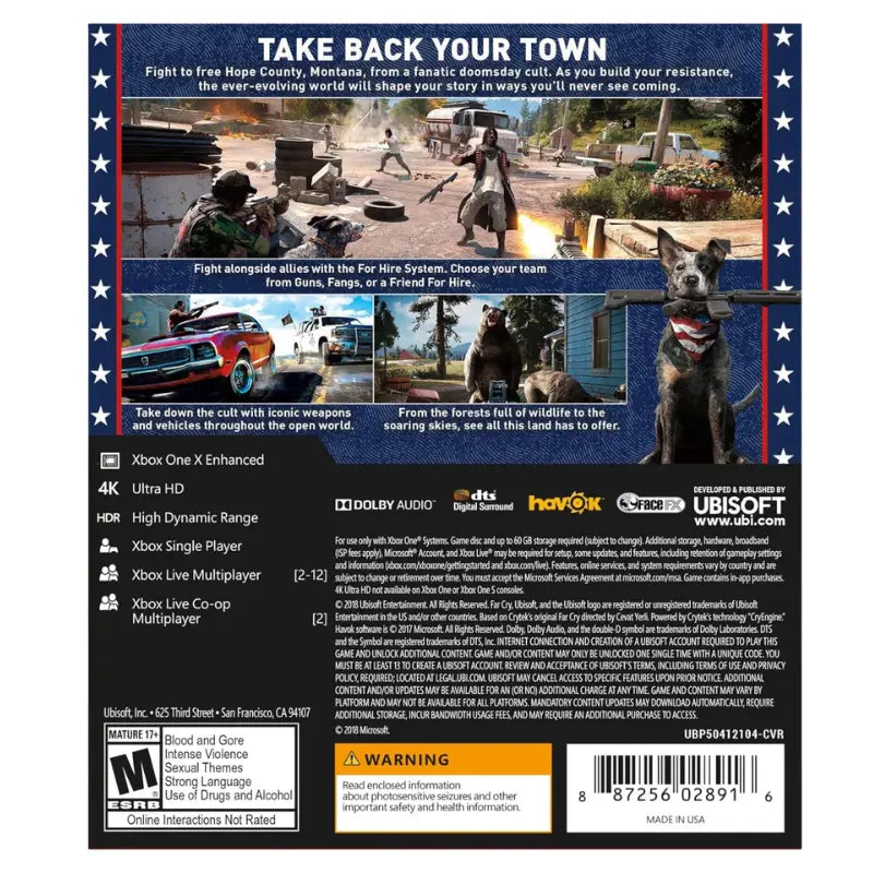 Far Cry 5 Xbox One back cover showing Xbox One X Enhanced 4K HDR multiplayer specs ESRB M rating Ubisoft branding