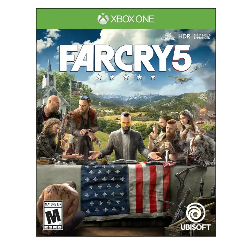 Far Cry 5 Xbox One front cover featuring cult leader and followers in Hope County Montana Ubisoft 4K HDR