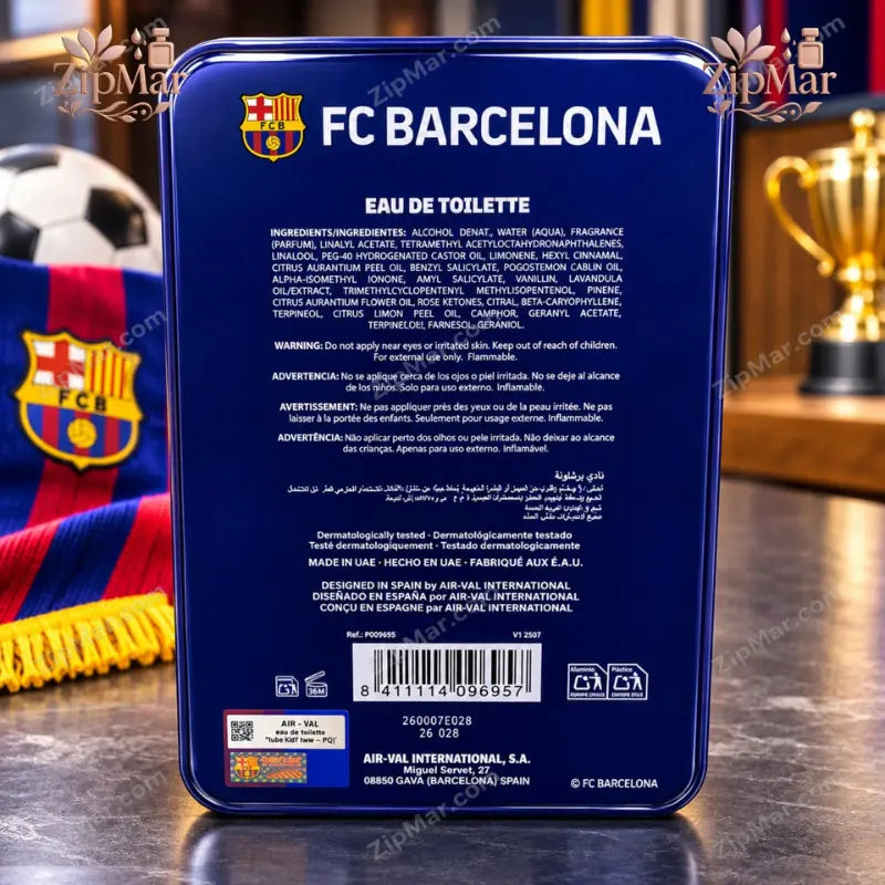 Back of FC Barcelona Eau de Toilette tin with ingredients, warnings, barcode and Made in UAE label