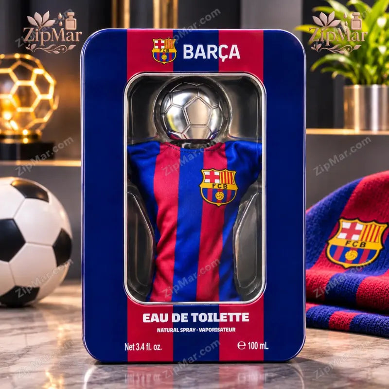 FC Barcelona Barça Eau de Toilette 3.4 oz blue and red tin with football jersey bottle in the window