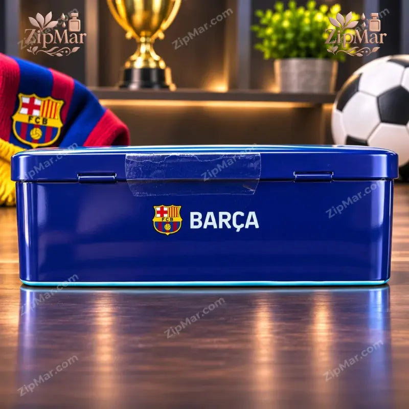 Side of blue FC Barcelona Barça Eau de Toilette tin with crest and sealed lid