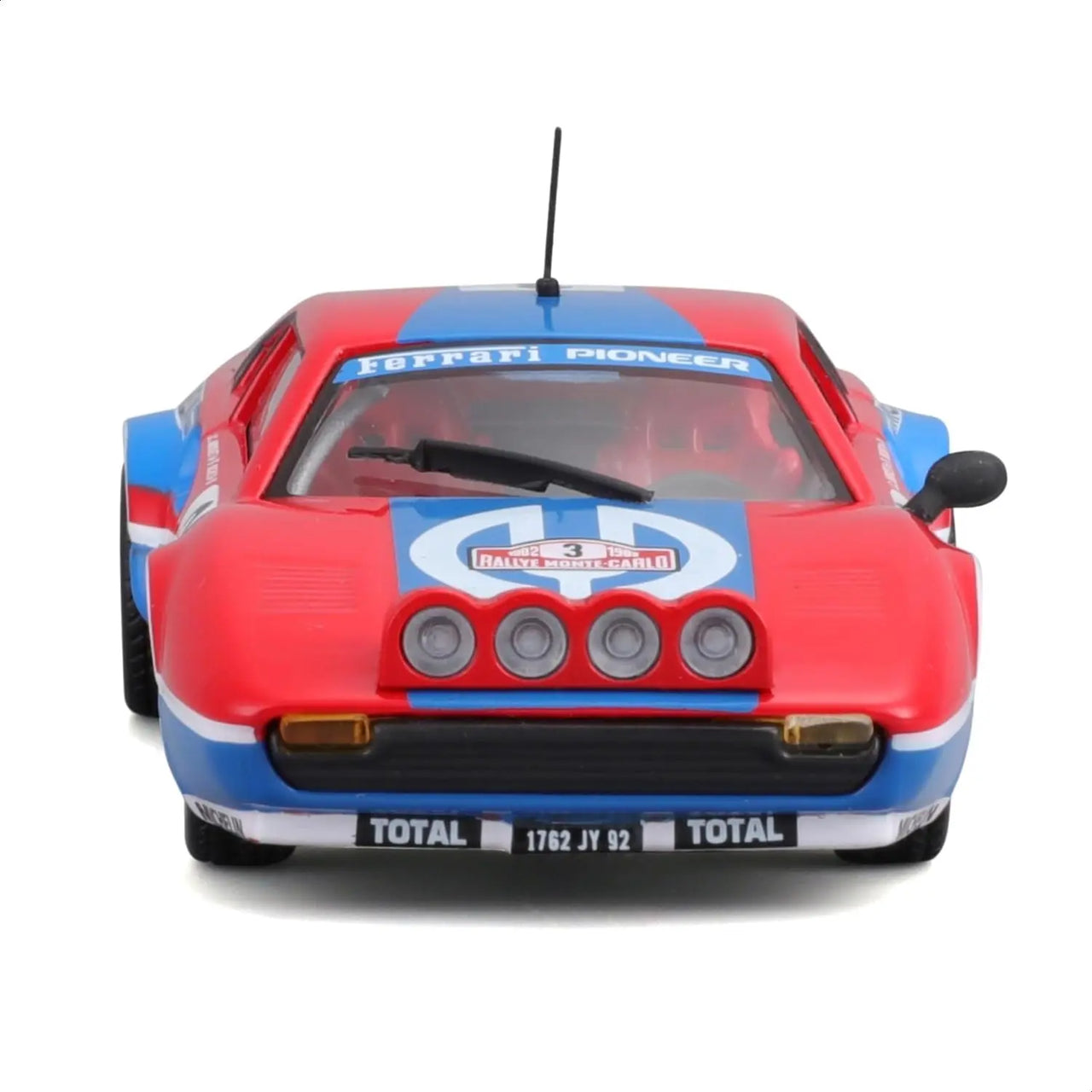 Direct front view of the Ferrari 308 GTB diecast model featuring the four-lamp rally light pod and Pioneer branding.