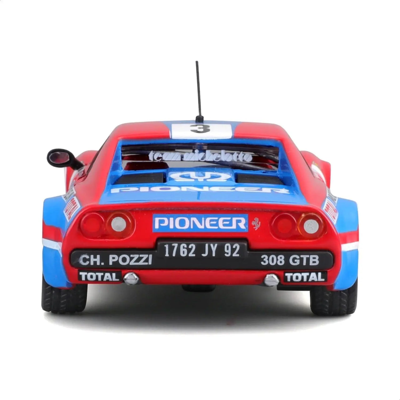 Rear view of the 1:43 Ferrari 308 GTB showing the Pioneer bumper decals and dual exhaust details.