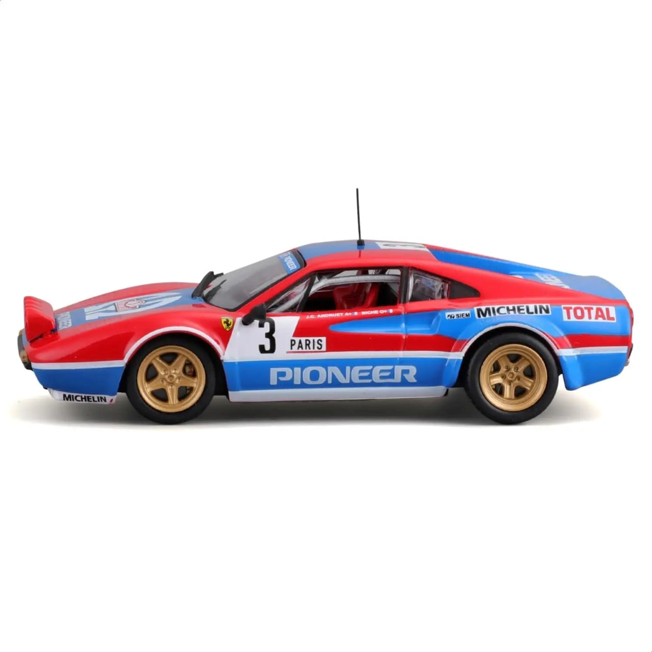 Full side profile of the Ferrari 308 GTB Pioneer rally diecast car with Paris and Michelin sponsor logos.