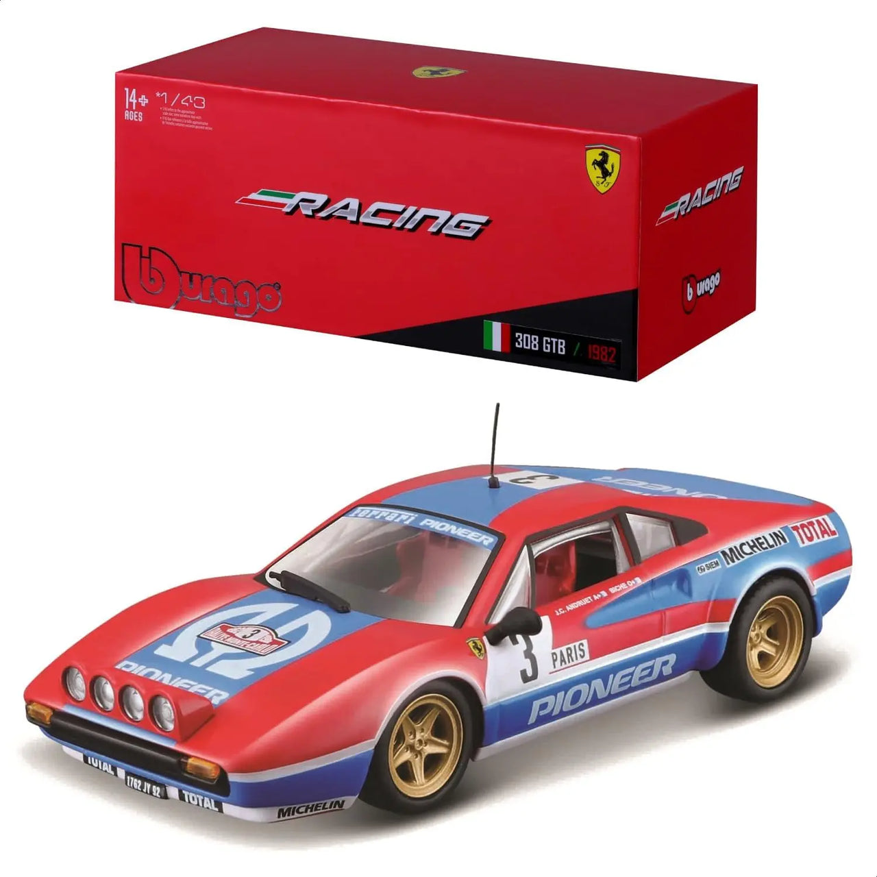 Ferrari 308 GTB 1982 Pioneer Rally 1:43 scale diecast car with its red Bburago Racing collector box.