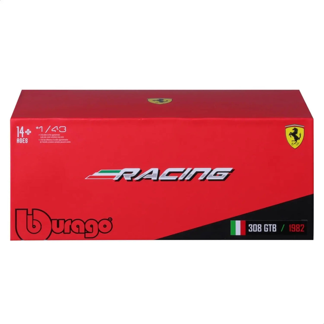 Close-up of the red Bburago Racing packaging for the 1:43 scale Ferrari 308 GTB 1982 model.