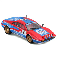 Thumbnail for Angled front view of the 1:43 Ferrari 308 GTB Pioneer rally car showing the hood light pod and gold wheels.