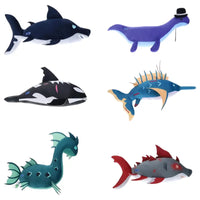 Thumbnail for All 6 Fisch Mystery Deluxe Plush creatures by PhatMojo Roblox including Megalodon Orca Nessie and sea serpent