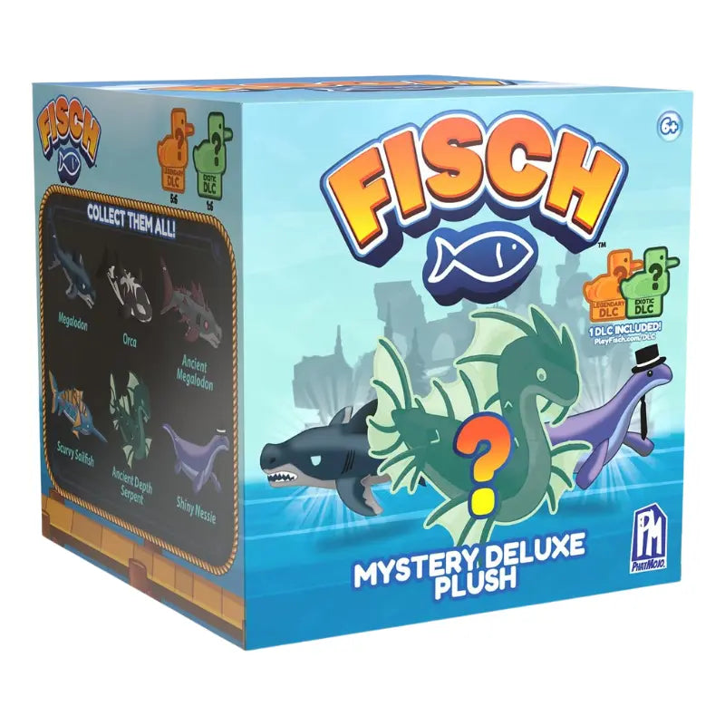 Fisch Mystery Deluxe Plush box side panel showing all 6 collectible creatures and rarity lineup
