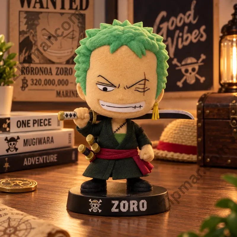 FlyGuys One Piece Zoro figure displayed with One Piece books and straw hat props