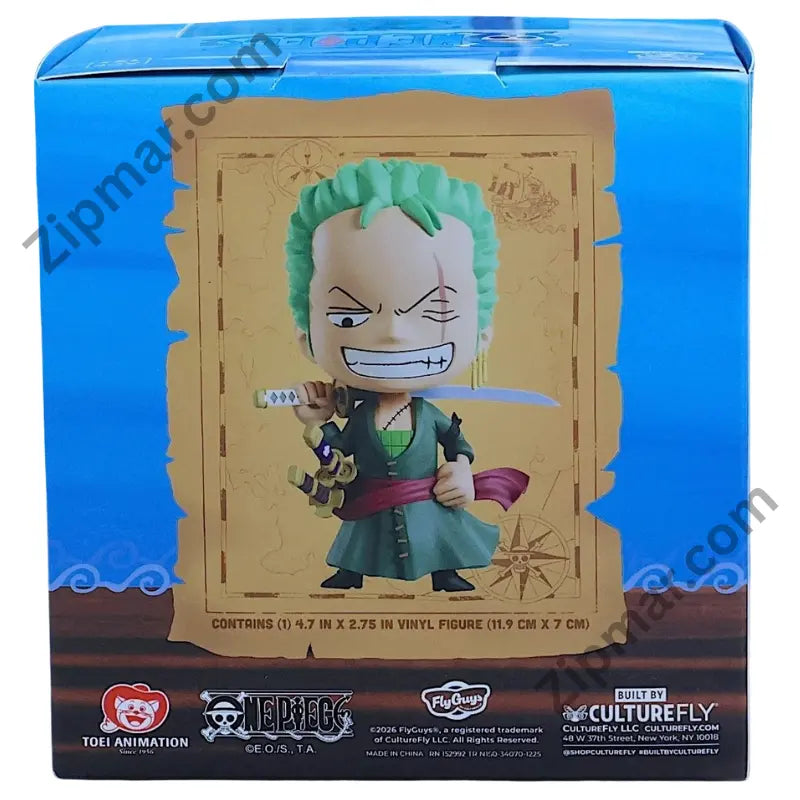FlyGuys One Piece Zoro vinyl figure box back with 4.7 inch size, Toei Animation and CultureFly logos”