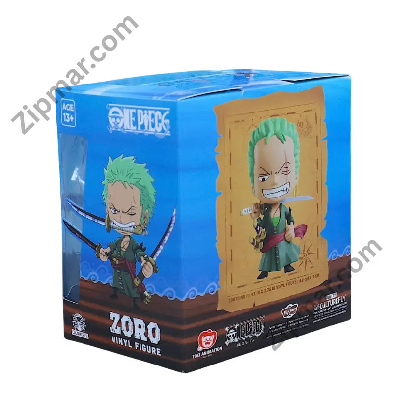 FlyGuys One Piece Zoro vinyl figure box side view with age 13 plus label”