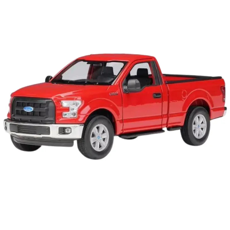 Front three-quarter view of a red 1:24 scale Ford F-150 Regular Cab diecast pickup truck.