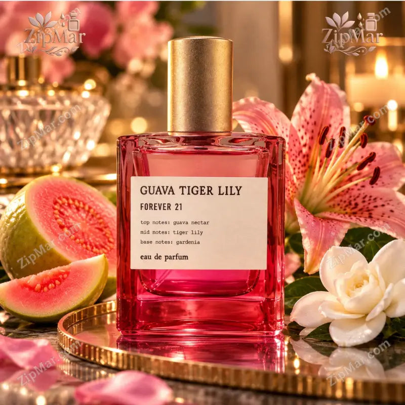 Forever 21 Guava Tiger Lily Eau de Parfum pink glass bottle with matte gold cap and notes label for guava nectar, tiger lily and gardenia