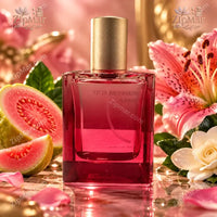 Thumbnail for Forever 21 Guava Tiger Lily Eau de Parfum square pink glass bottle with gold cap beside guava and a tiger lily