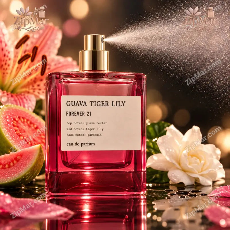 Forever 21 Guava Tiger Lily Eau de Parfum pink bottle with gold spray pump misting beside guava and gardenia