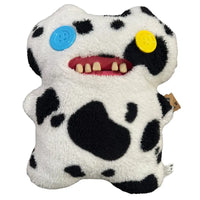 Thumbnail for Fuggler Bigg Fuggs Gaptooth McGoo cow print plush angled view with button eyes