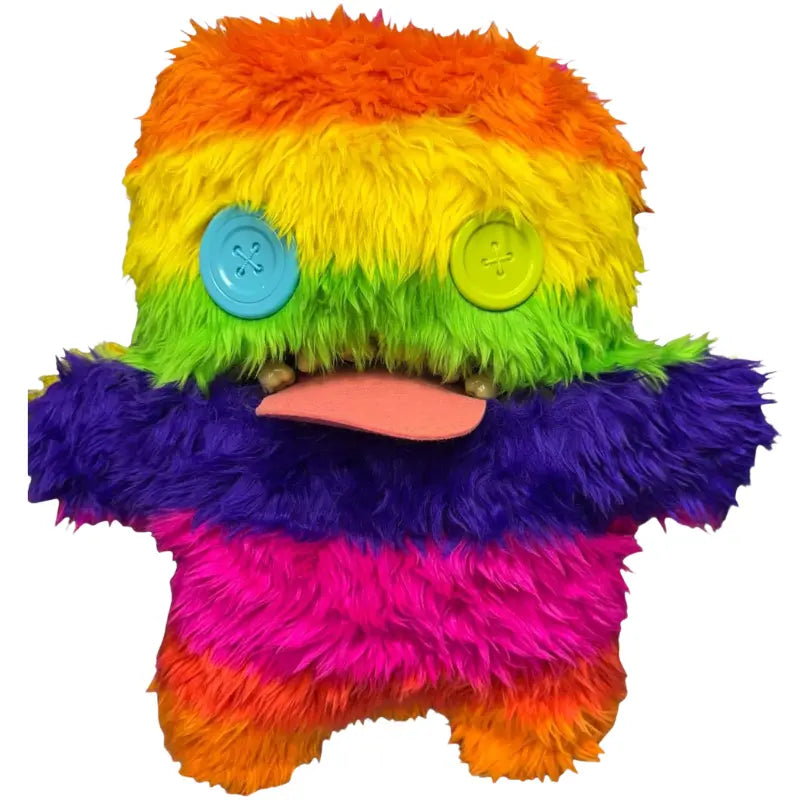 Fuggler Bigg Fuggs Stripey Rainbow Monster plush close up face and button eye detail