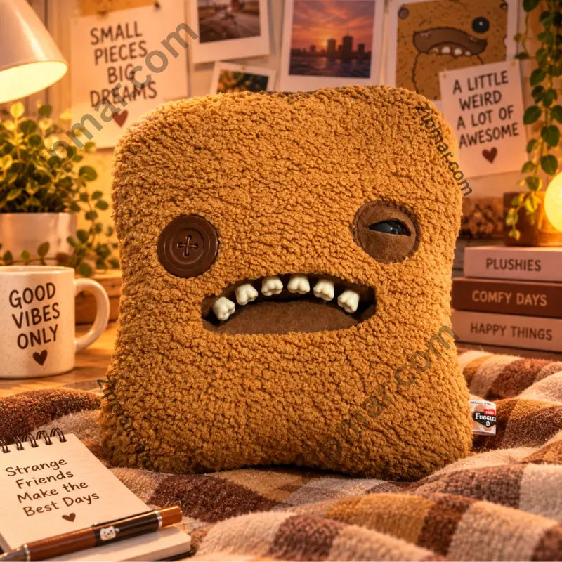 Fuggler Bigg Nuggets plush styled on a plaid blanket with a notebook and mug