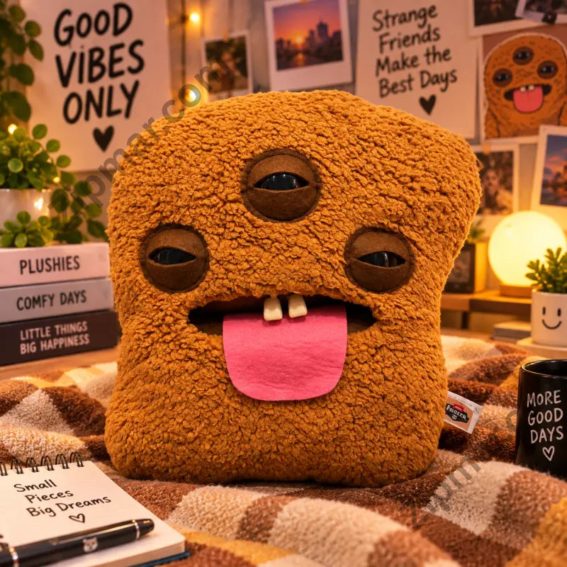 Fuggler Bigg Nuggets plush front with three eyes and pink tongue styled on a cozy blanket”