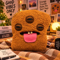 Thumbnail for Fuggler Bigg Nuggets plush front with three eyes and pink tongue styled on a cozy blanket”