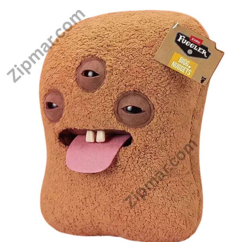 Fuggler Bigg Nuggets plush by ZURU with three sleepy eyes, buck teeth and pink tongue, shown with hang tag