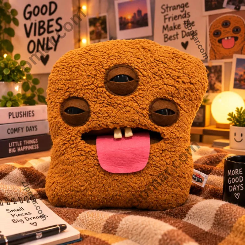 Fuggler Bigg Nuggets three eyed plush on a plaid blanket with props