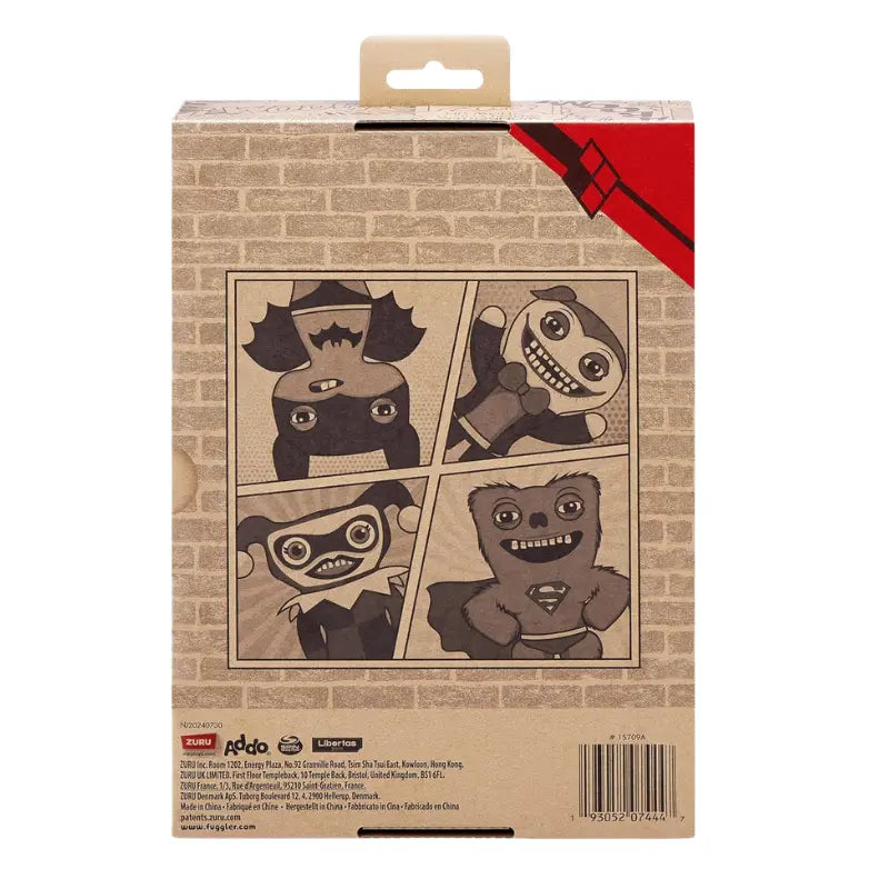 Fuggler DC x Zuru box back showing full DC Fuggler wave including Batman Joker Harley Quinn and Superman