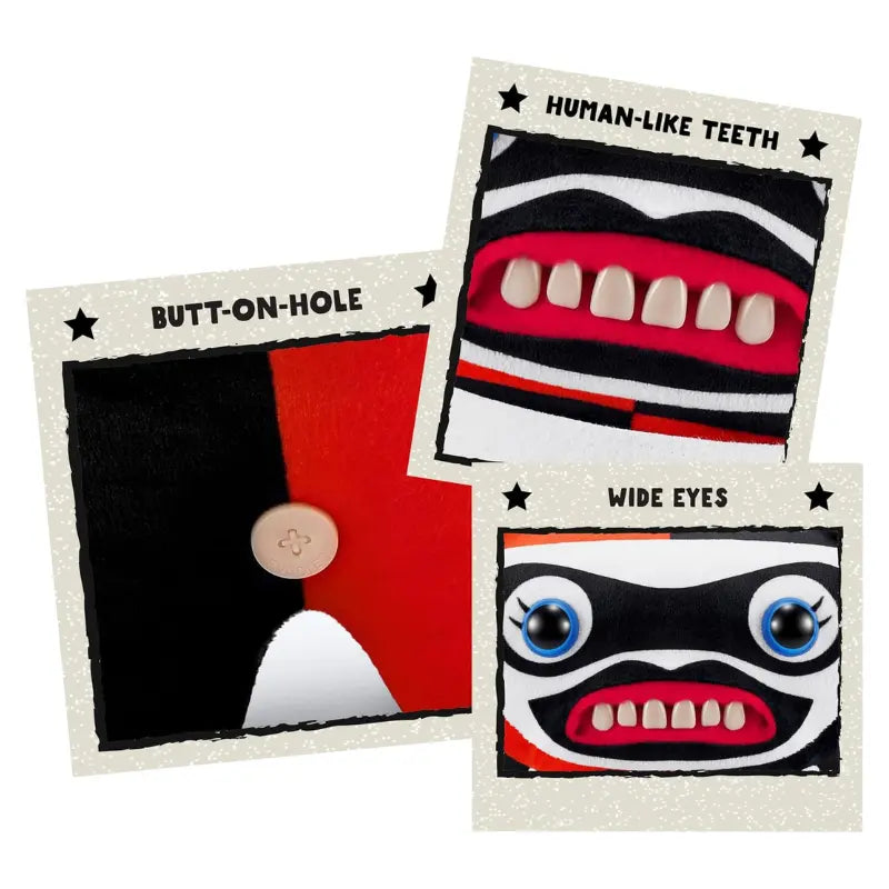 Fuggler DC Harley Quinn plush detail showing human-like teeth wide blue eyes and butt-on-hole button