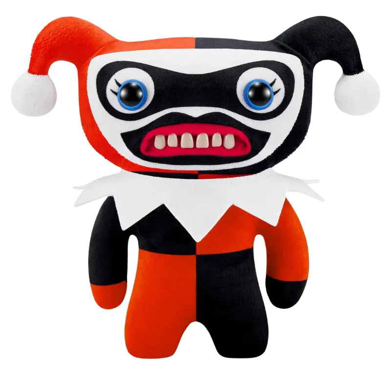 Fuggler DC x Zuru Harley Quinn Funny Ugly Monster Plush front view with jester hat harlequin suit and human teeth