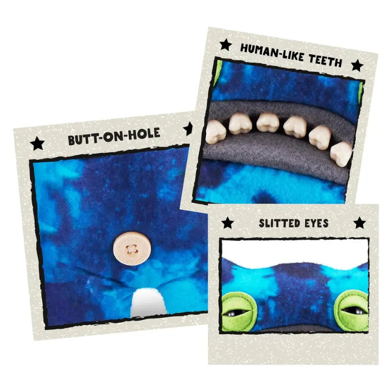 Fuggler Funny Ugly Monster Laboratory Misfits Edition detail showing human-like teeth slitted eyes and butt-on-hole button
