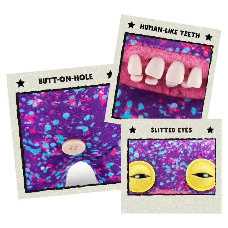 Fuggler Funny Ugly Monster Laboratory Misfits Purple Splatter detail showing human-like teeth slitted yellow eyes and butt-on-hole button