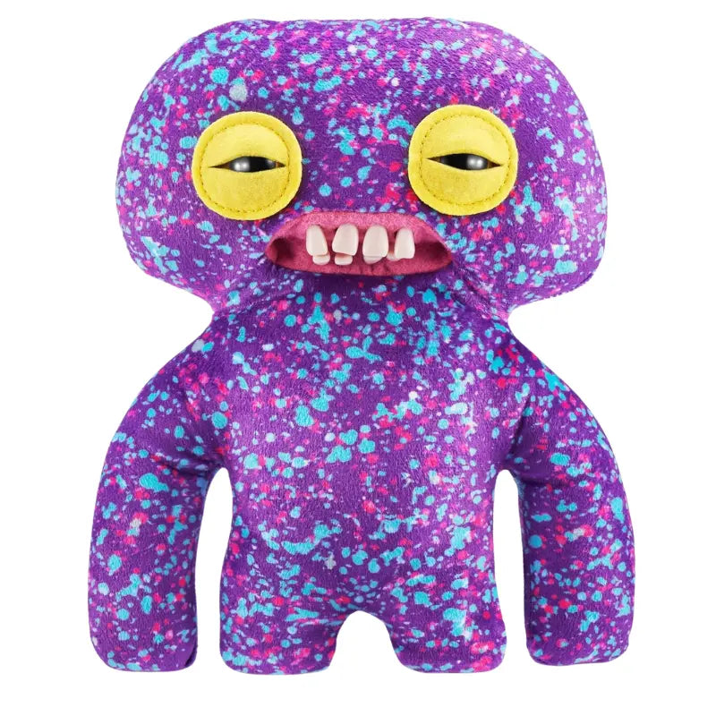 Fuggler Funny Ugly Monster Laboratory Misfits Edition purple splatter plush with yellow eyes and human teeth front view