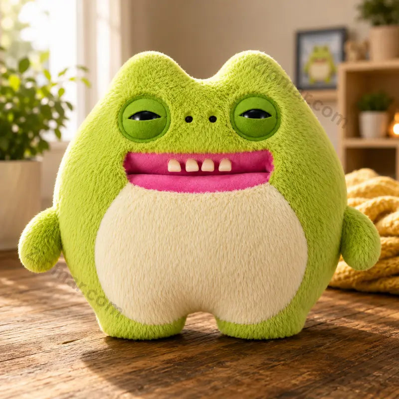 Fuggler green monster plush toy with big teeth sitting on wood table in living room
