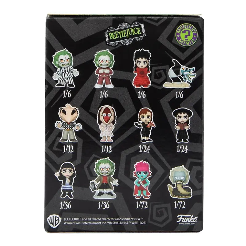 Funko Mystery Minis Beetlejuice blind box back panel with all 12 characters and rarity ratios