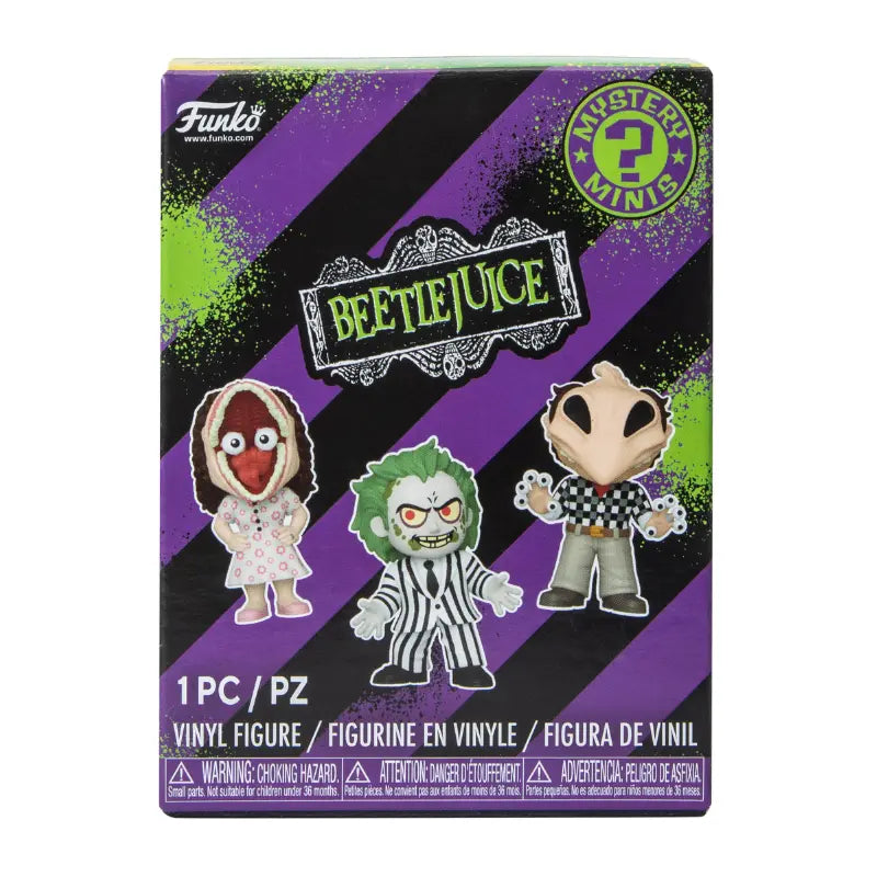 Funko Mystery Minis Beetlejuice sealed blind box front view with purple green Tim Burton artwork