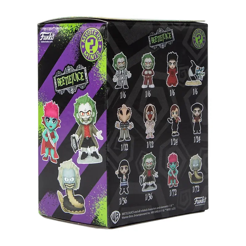Funko Mystery Minis Beetlejuice blind box side panel showing full character lineup and rarity odds