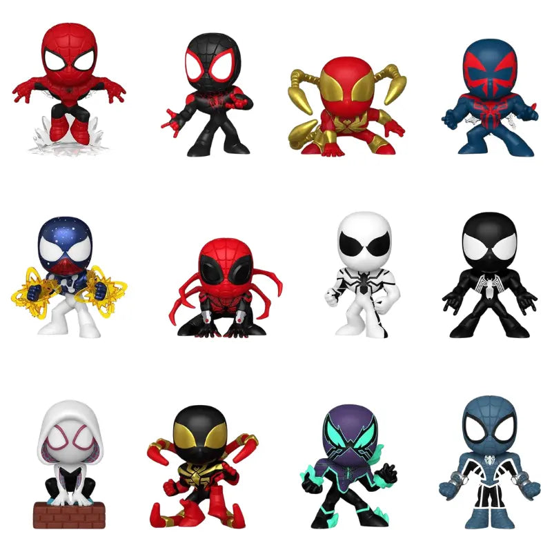 All 12 Funko Mystery Minis Marvel Spider-Man Comics figures including Miles Morales Spider-Gwen Iron Spider and symbiote suit variants