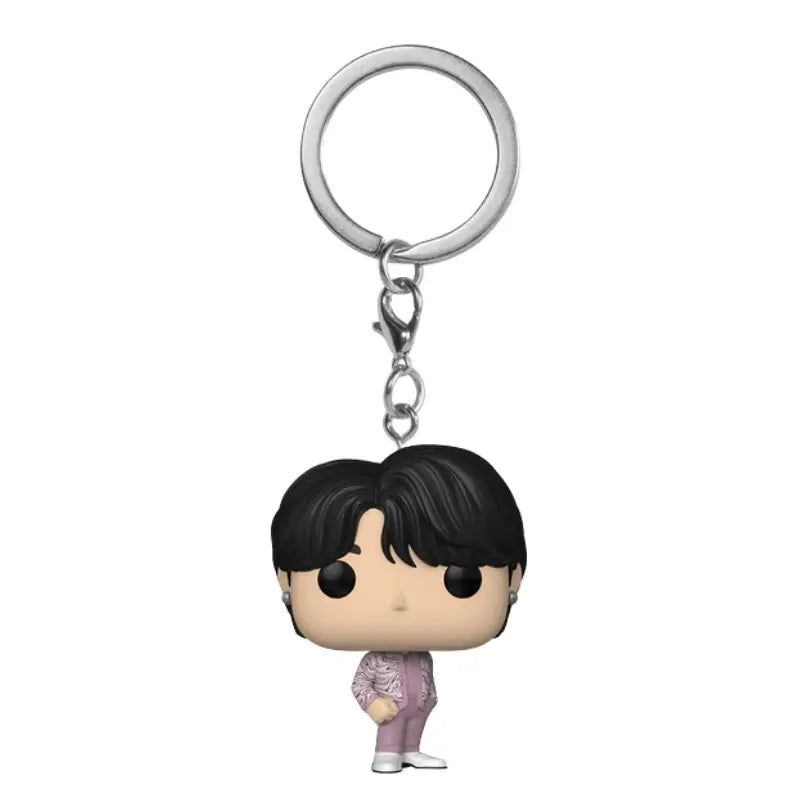 Close-up view of the Funko Pocket Pop! Jimin vinyl figure keychain in a pink outfit.