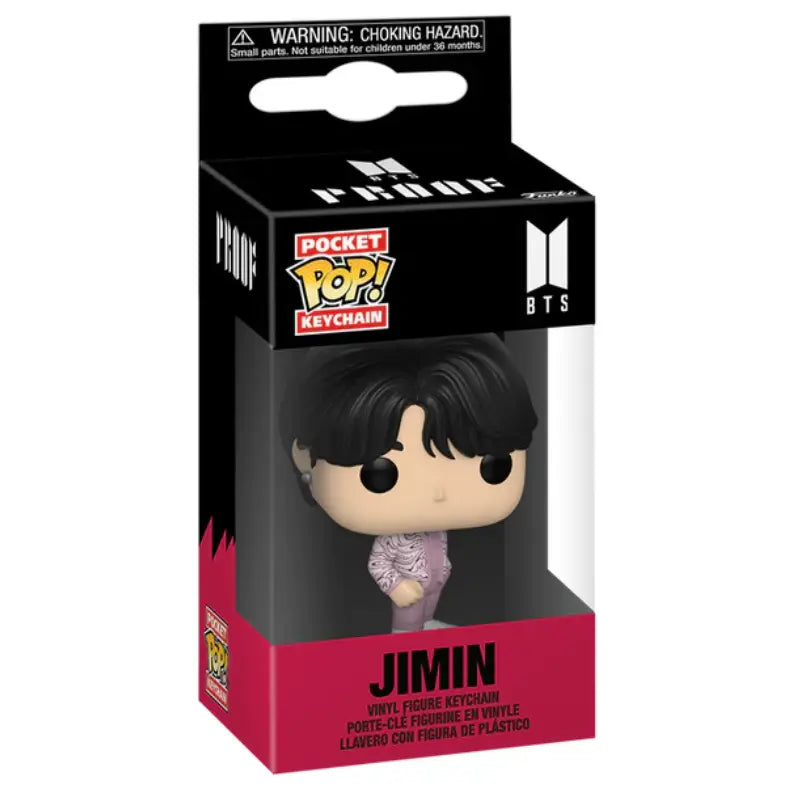 Front view of the Funko Pocket Pop! Keychain BTS Proof Jimin window box packaging.