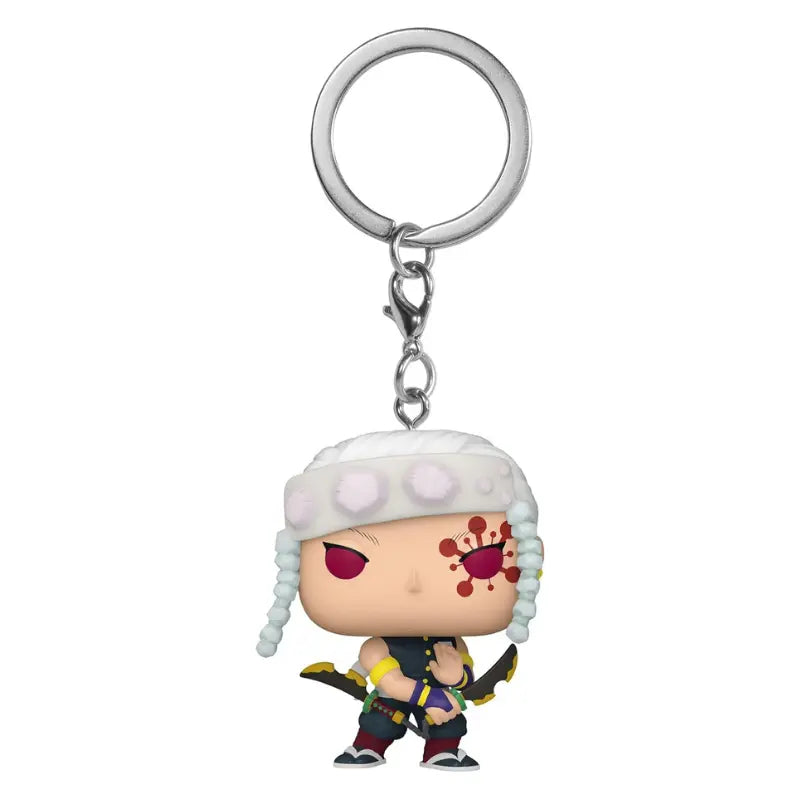 Close-up of the Funko Pocket Pop! Keychain figure of Tengen Uzui from Demon Slayer, attached to the metal keychain hardware.