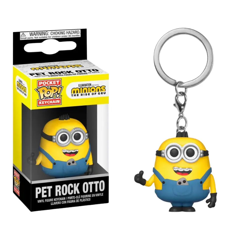 Funko Pocket Pop Keychain Minions Rise of Gru Pet Rock Otto box alongside figure with keychain hardware