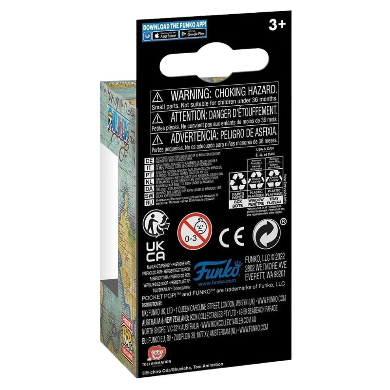 Back of Funko Pocket Pop! box showing safety warnings and official Toei Animation branding.