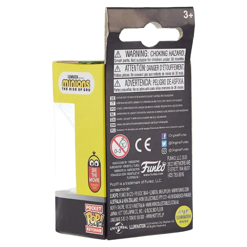 The back of the packaging for the Funko Pocket Pop! Kung Fu Kevin Keychain showing safety warnings and manufacturing details.