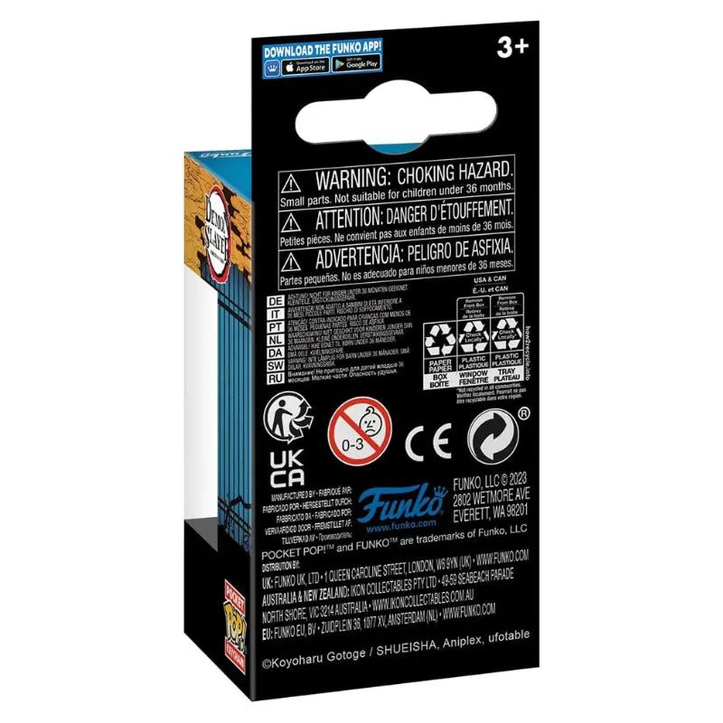 Back view of the Funko Pocket Pop! Nezuko Kamado keychain packaging, featuring detailed safety warnings, licensing, and manufacturer information for Funko LLC.