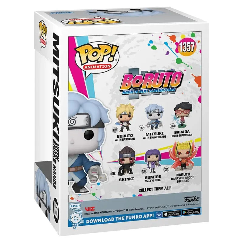 Funko Pop Boruto Mitsuki with Snake Hands 1357 box back showing full Boruto wave lineup