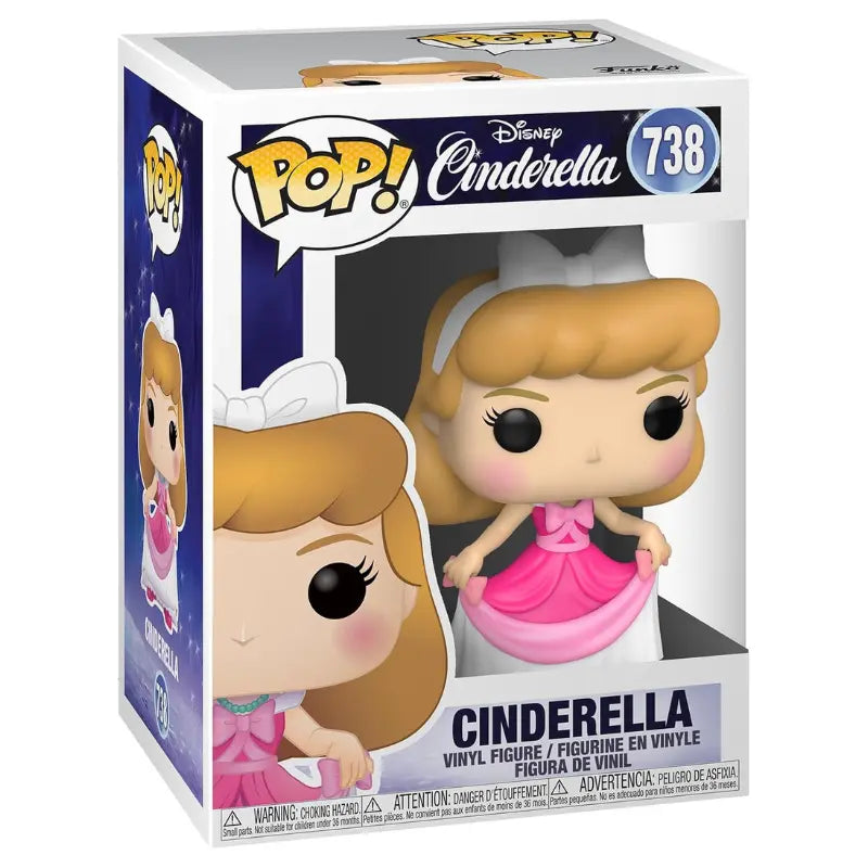 The boxed packaging of the Funko Pop! Disney Cinderella 738 Vinyl Figure, showing figure and text.