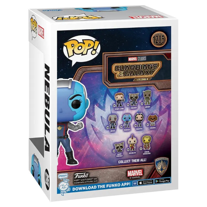Funko Pop Guardians of the Galaxy Vol 3 Nebula 1205 box back showing full wave lineup including Star-Lord Rocket Groot