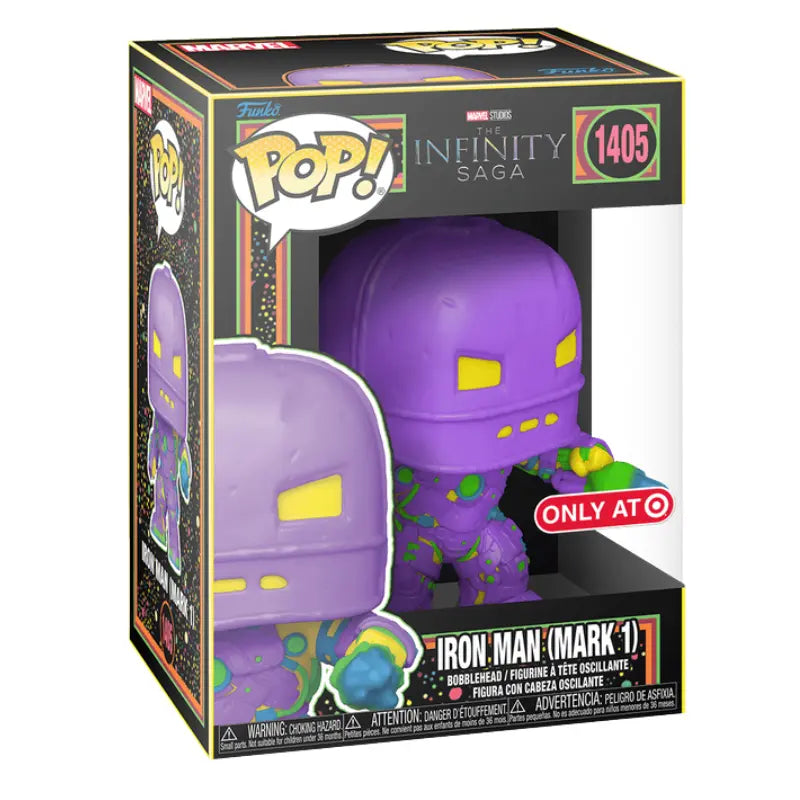 Funko Pop Infinity Saga Iron Man Mark 1 1405 Blacklight Target Exclusive sealed in dark neon collector box