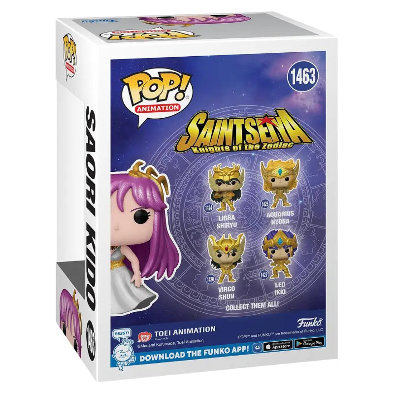 Funko Pop Animation Saint Seiya Saori Kido 1463 box back showing Knights of the Zodiac wave lineup